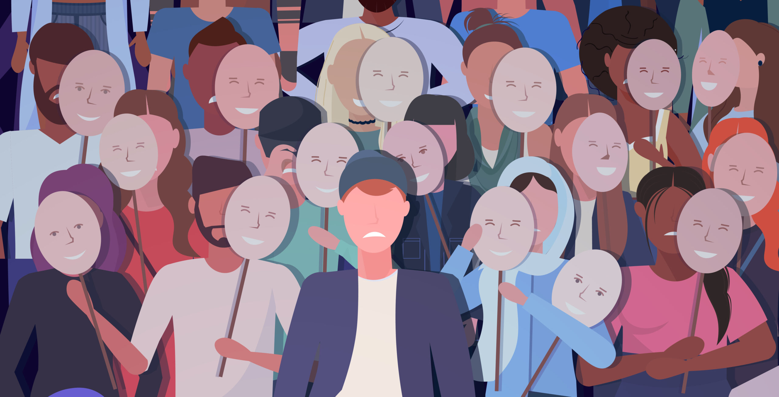 people crowd holding positive masks men women group covering face emotions behind masks fake feeling depression mental disorder concept portrait horizontal vector illustration